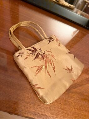 Silk Gold Mini clutch with Asian Inspired Bamboo Motif and Satin Lining